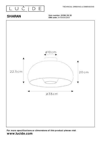 Lucide SHARAN - Plafonnier - Ø 38 cm - 1xE27 - Noir - technique